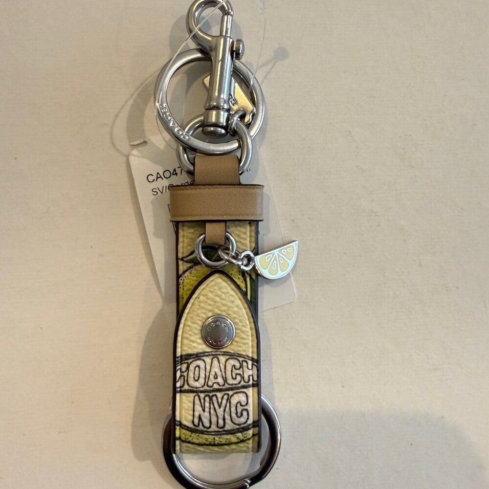 Coach Trigger Snap Bag Charm, Key chain/fob With Lemon Print, yellow, silver